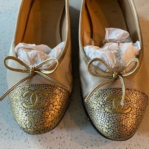 CHANEL Metallic Gold and Cream Loafers